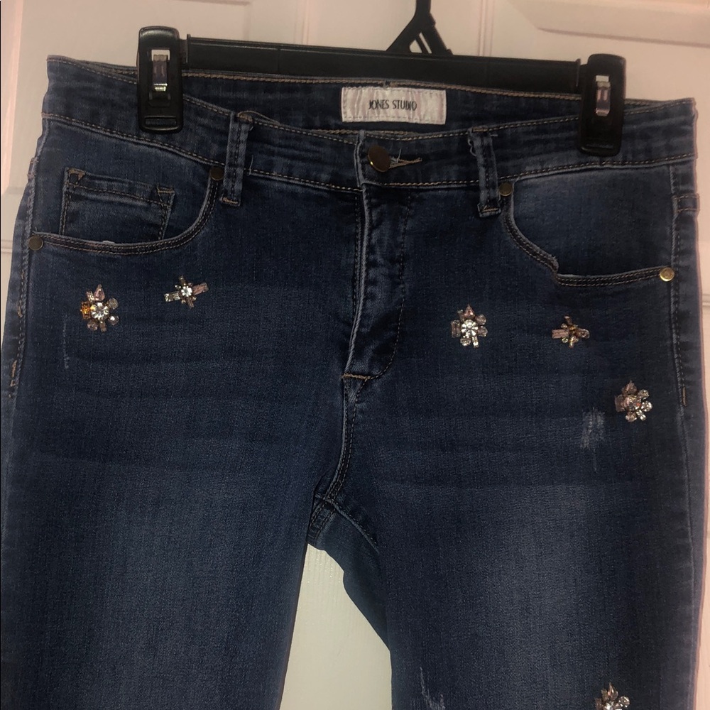 Jones Studio Dark Blue Skinny Jeans with Crystal Accents